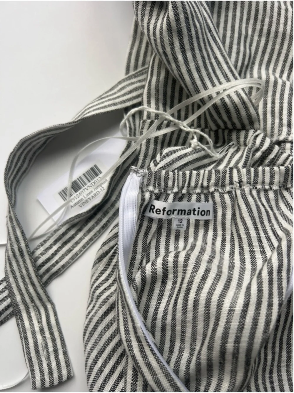 Reformation Autumn Linen Jumpsuit Vineyard Stripe Open Back Wide Leg Size 12 NWT